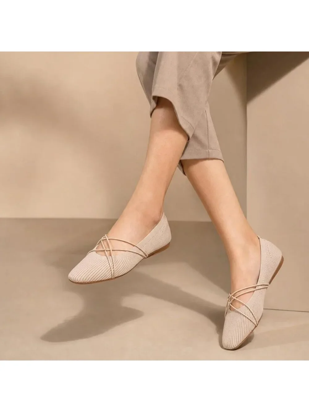 Women's Nude Square Toe Flats Comfortable Knit Ballet Flats with Cross Strap